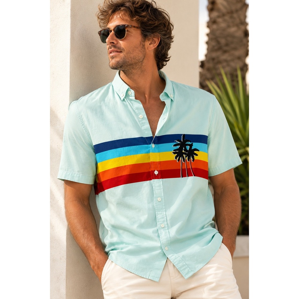Chubbies Palm Tree Rainbow Stripe Cotton Stretch Short Sleeve Button Down XL